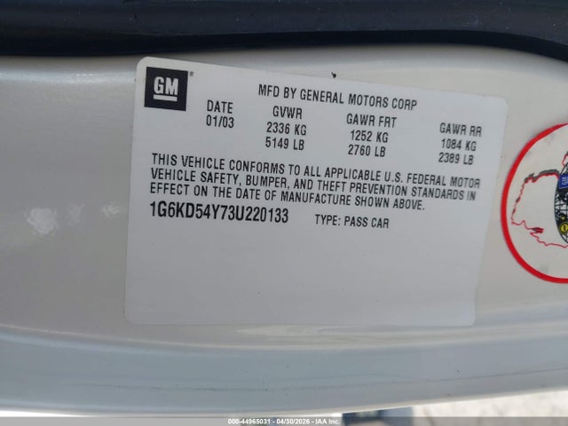 44965031 :رقم المزاد ، 1G6KD54Y73U220133 vin ، 2003 Cadillac Deville Standard مزاد بيع