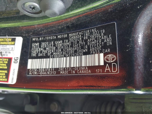 Aukcja sprzedaży 2019 Toyota Corolla Le, vin: 2T1BURHE1KC243696, numer aukcji: 44965036