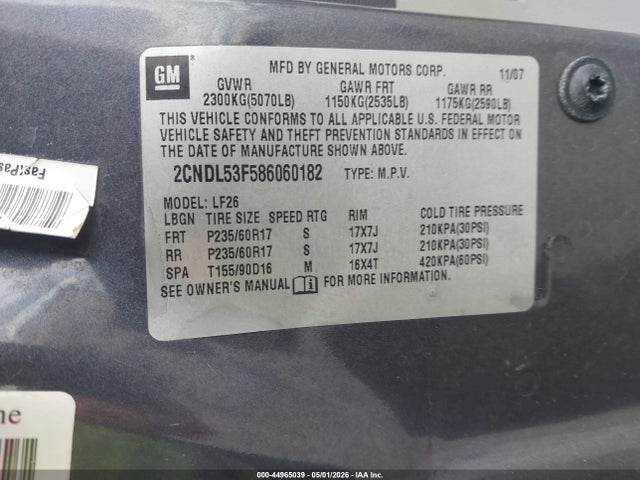 Продаж на аукціоні авто 2008 Chevrolet Equinox Lt, vin: 2CNDL53F586060182, номер лоту: 44965039
