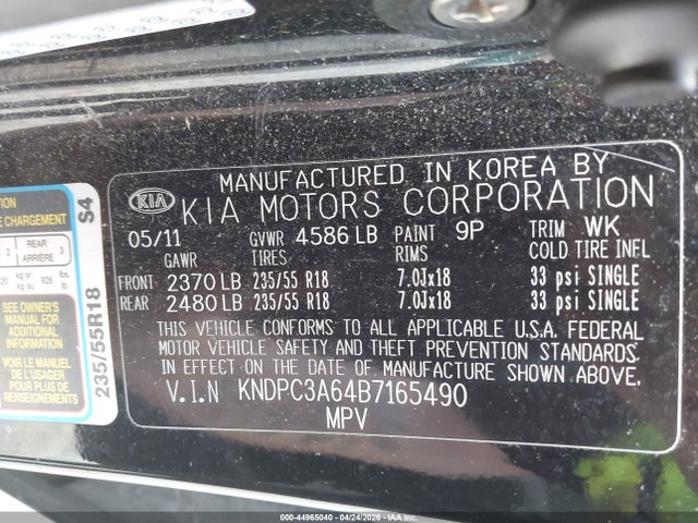 Aukcja sprzedaży 2011 Kia Sportage Sx, vin: KNDPC3A64B7165490, numer aukcji: 44965040