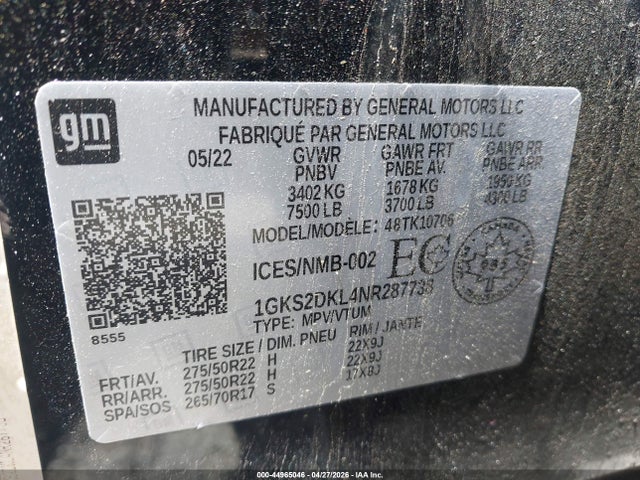 Aukcja sprzedaży 2022 Gmc Yukon Denali, vin: 1GKS2DKL4NR287738, numer aukcji: 44965046