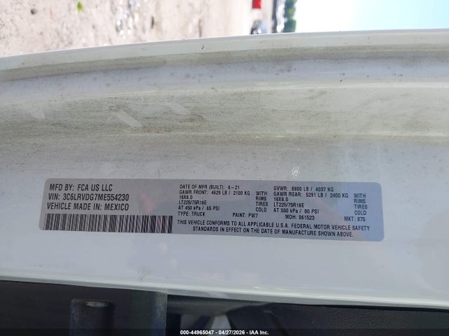 Продаж на аукціоні авто 2021 Ram Promaster 2500 High Roof 159 Wb, vin: 3C6LRVDG7ME554230, номер лоту: 44965047