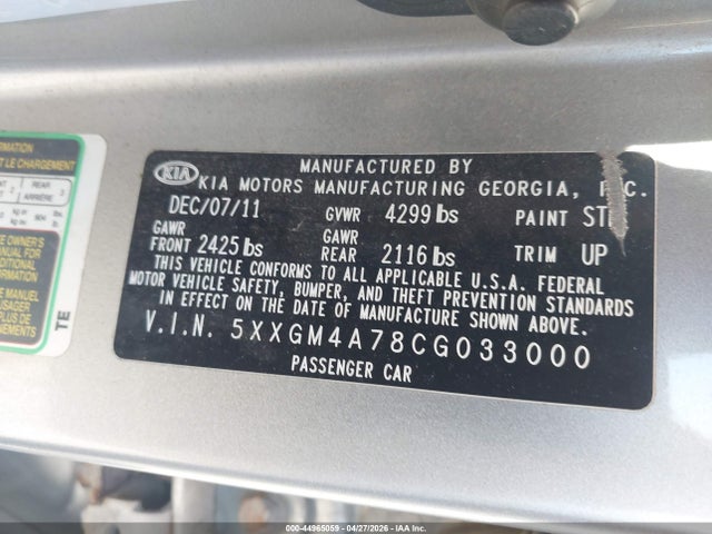 Aukcja sprzedaży 2012 Kia Optima Lx, vin: 5XXGM4A78CG033000, numer aukcji: 44965059