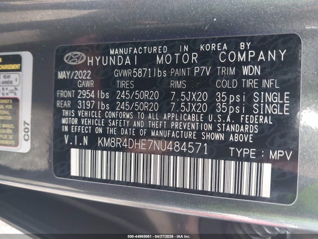 Aukcja sprzedaży 2022 Hyundai Palisade Sel, vin: KM8R4DHE7NU484571, numer aukcji: 44965061