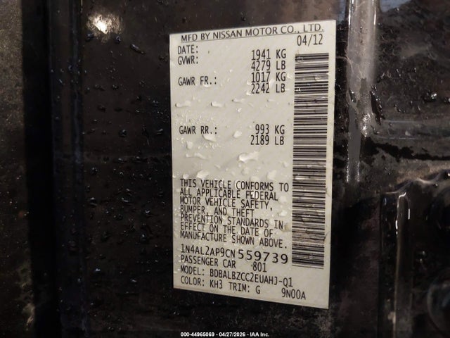 2012 Nissan Altima 2.5 S მანქანა იყიდება აუქციონზე, vin: 1N4AL2AP9CN559739, აუქციონის ნომერი: 44965069