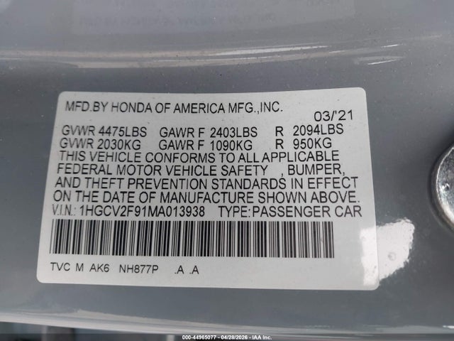 2021 Honda Accord Touring მანქანა იყიდება აუქციონზე, vin: 1HGCV2F91MA013938, აუქციონის ნომერი: 44965077