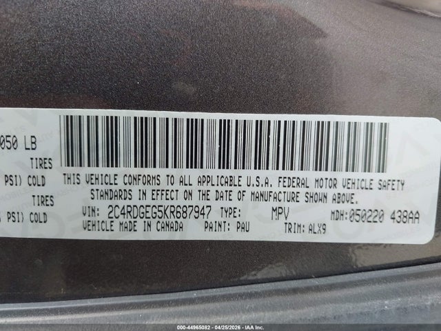 2019 Dodge Grand Caravan Gt მანქანა იყიდება აუქციონზე, vin: 2C4RDGEG5KR687947, აუქციონის ნომერი: 44965082