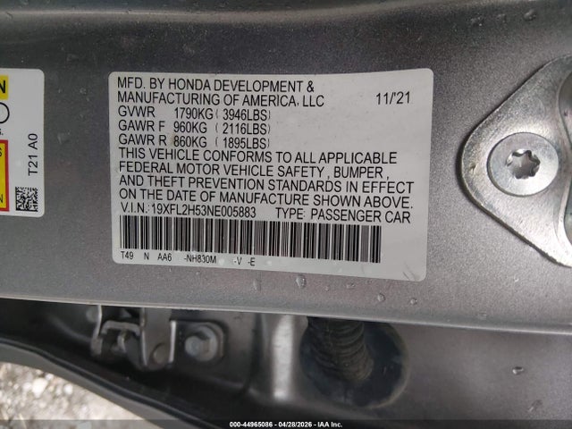 2022 Honda Civic Lx მანქანა იყიდება აუქციონზე, vin: 19XFL2H53NE005883, აუქციონის ნომერი: 44965086