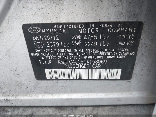 44965090 :رقم المزاد ، KMHFG4JG5CA153069 vin ، 2012 Hyundai Azera مزاد بيع