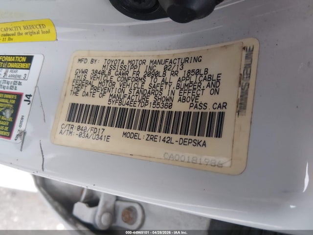 Aukcja sprzedaży 2013 Toyota Corolla S/le, vin: 5YFBU4EE7DP155360, numer aukcji: 44965101