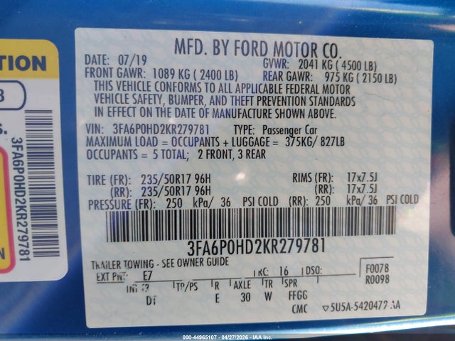Aukcja sprzedaży 2019 Ford Fusion Se, vin: 3FA6P0HD2KR279781, numer aukcji: 44965107