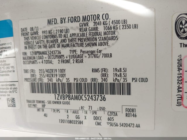 Aukcja sprzedaży 2012 Ford Mustang V6 Premium, vin: 1ZVBP8AM0C5243736, numer aukcji: 44965132