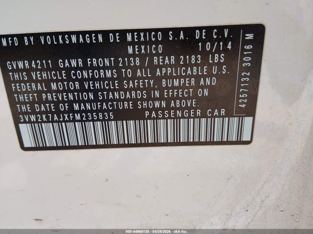 Aukcja sprzedaży 2015 Volkswagen Jetta 2.0l S, vin: 3VW2K7AJXFM235835, numer aukcji: 44965138