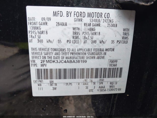 2010 Ford Edge Sel მანქანა იყიდება აუქციონზე, vin: 2FMDK3JC4ABA38199, აუქციონის ნომერი: 44965150