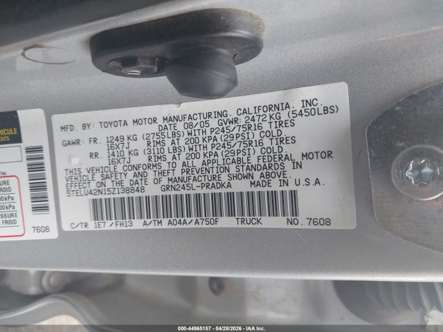2005 Toyota Tacoma Base V6 მანქანა იყიდება აუქციონზე, vin: 5TELU42N15Z138848, აუქციონის ნომერი: 44965157