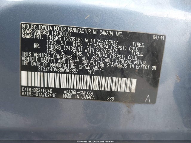Aukcja sprzedaży 2011 Toyota Rav4, vin: 2T3ZF4DV6BW082897, numer aukcji: 44965161