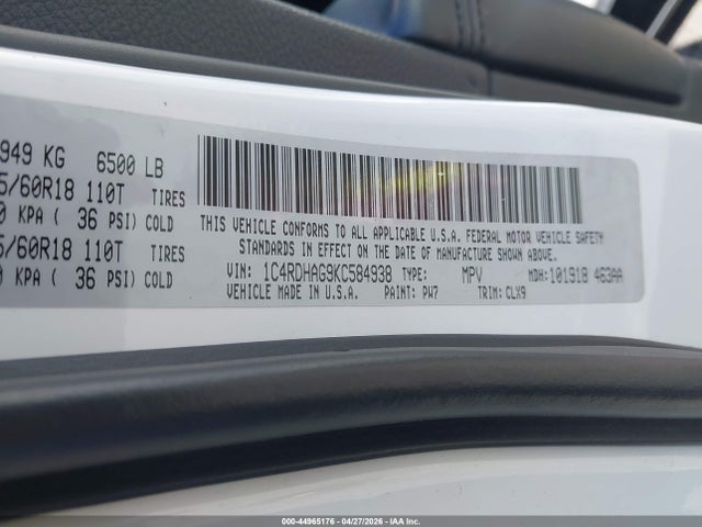 Продаж на аукціоні авто 2019 Dodge Durango Sxt Plus Rwd, vin: 1C4RDHAG9KC584938, номер лоту: 44965176
