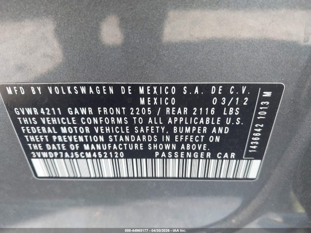 44965177 :رقم المزاد ، 3VWDP7AJ5CM452120 vin ، 2012 Volkswagen Jetta 2.5l Se مزاد بيع