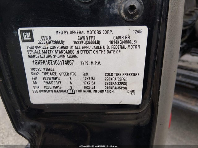 2006 Gmc Yukon Xl 1500 Slt მანქანა იყიდება აუქციონზე, vin: 1GKFK16Z16J174067, აუქციონის ნომერი: 44965172