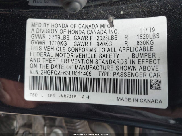 Aukcja sprzedaży 2020 Honda Civic Lx, vin: 2HGFC2F63LH511406, numer aukcji: 44965180