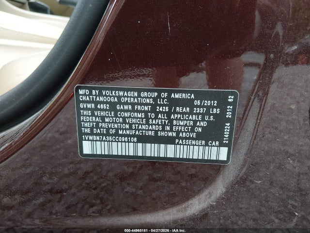 44965181 :رقم المزاد ، 1VWBN7A35CC096106 vin ، 2012 Volkswagen Passat 2.0l Tdi Se مزاد بيع