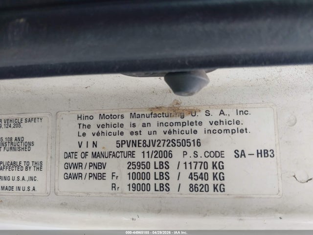 44965185 :رقم المزاد ، 5PVNE8JV272S50516 vin ، 2007 Hino Hino 268 مزاد بيع