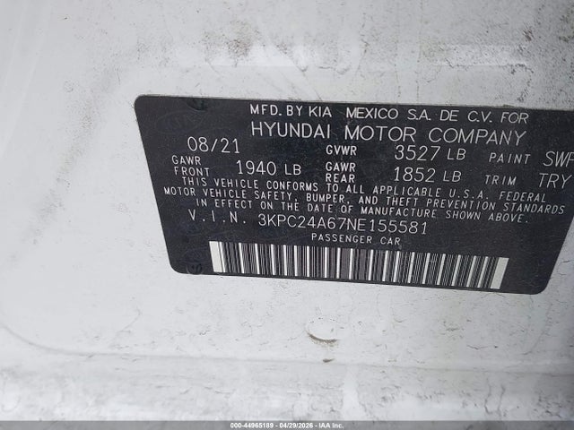 Aukcja sprzedaży 2022 Hyundai Accent Se, vin: 3KPC24A67NE155581, numer aukcji: 44965189