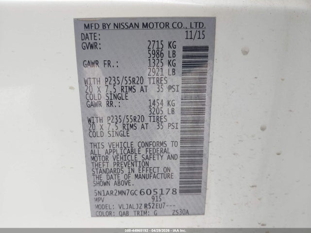 Продажа на аукционе авто 2016 Nissan Pathfinder Platinum, vin: 5N1AR2MN7GC605178, номер лота: 44965192