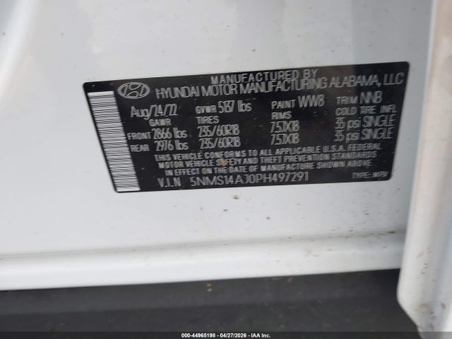 44965198 :رقم المزاد ، 5NMS14AJ0PH497291 vin ، 2023 Hyundai Santa Fe Se مزاد بيع