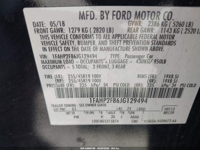 Aukcja sprzedaży 2018 Ford Taurus Limited, vin: 1FAHP2F86JG129494, numer aukcji: 44965199