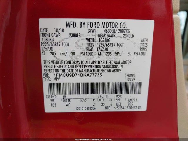 44965204 :رقم المزاد ، 1FMCU9D71BKA77735 vin ، 2011 Ford Escape Xlt مزاد بيع