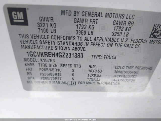 1GCVKREH4GZ231380 Chevrolet Silverado 1500 1lt