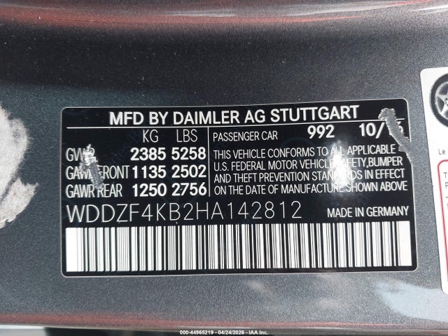 44965219 :رقم المزاد ، WDDZF4KB2HA142812 vin ، 2017 Mercedes-benz E 300 4matic مزاد بيع