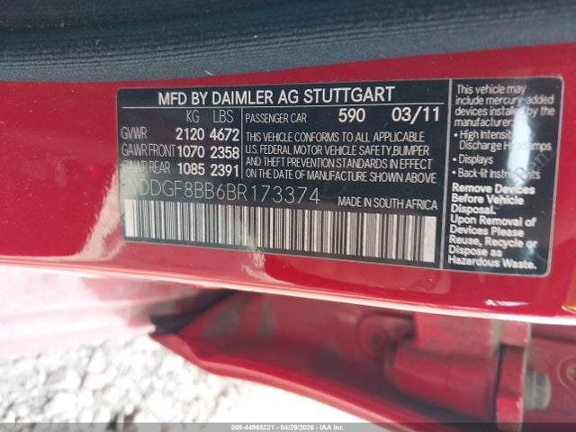 44965221 :رقم المزاد ، WDDGF8BB6BR173374 vin ، 2011 Mercedes-benz C 300 Sport 4matic مزاد بيع