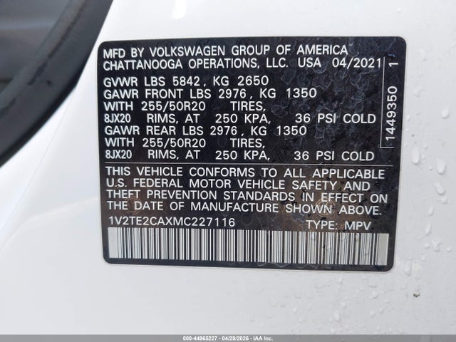 Продаж на аукціоні авто 2021 Volkswagen Atlas Cross Sport 3.6l V6 Sel Premium, vin: 1V2TE2CAXMC227116, номер лоту: 44965227