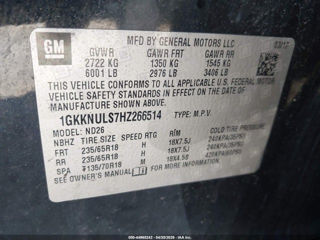 Продаж на аукціоні авто 2017 Gmc Acadia Slt-1, vin: 1GKKNULS7HZ266514, номер лоту: 44965242