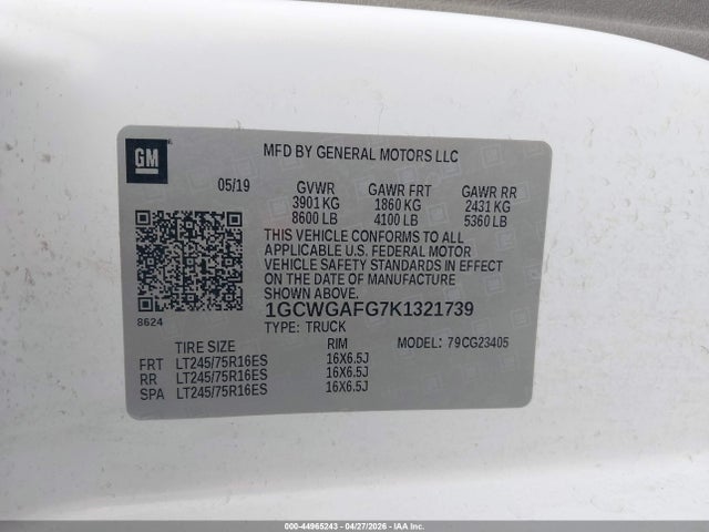 Продаж на аукціоні авто 2019 Chevrolet Express 2500 Work Van, vin: 1GCWGAFG7K1321739, номер лоту: 44965243