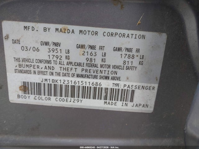 Aukcja sprzedaży 2006 Mazda Mazda3 S, vin: JM1BK123161511686, numer aukcji: 44965245