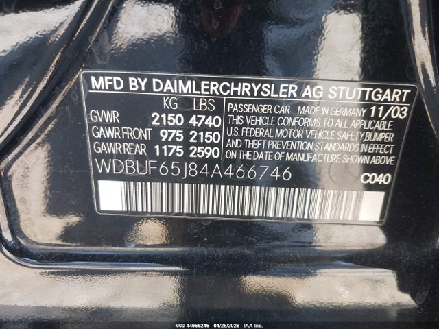 44965246 :رقم المزاد ، WDBUF65J84A466746 vin ، 2004 Mercedes-benz E 320 مزاد بيع