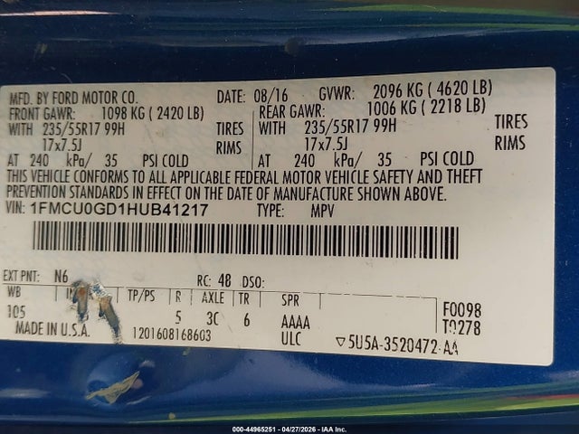 44965251 :رقم المزاد ، 1FMCU0GD1HUB41217 vin ، 2017 Ford Escape Se مزاد بيع