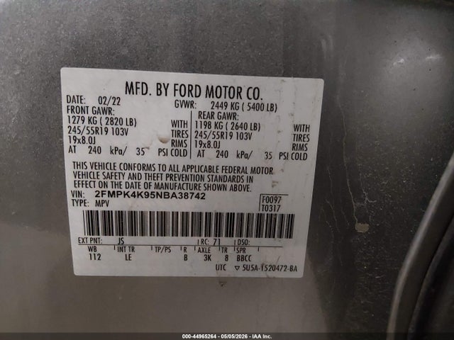 2022 Ford Edge Titanium მანქანა იყიდება აუქციონზე, vin: 2FMPK4K95NBA38742, აუქციონის ნომერი: 44965264