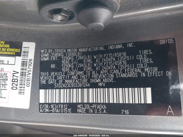 44965266 :رقم المزاد ، 5TDZA23C95S381244 vin ، 2005 Toyota Sienna Le مزاد بيع