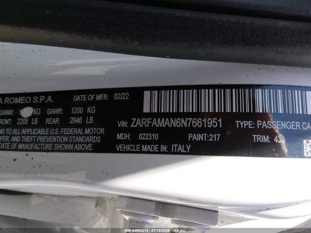ZARFAMAN6N7661951 Alfa Romeo Giulia Sprint Rwd