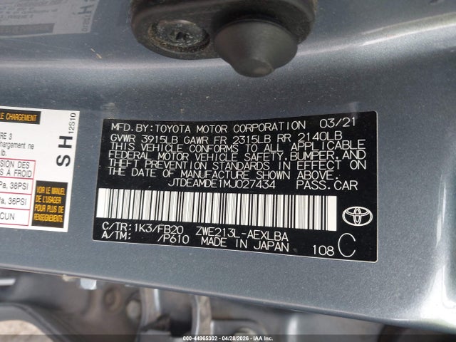 Toyota Corolla Hybrid Le 2021 JTDEAMDE1MJ027434 Image 9