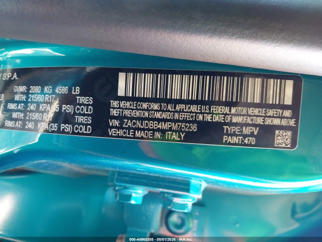 2021 Jeep Renegade Latitude 4x4 მანქანა იყიდება აუქციონზე, vin: ZACNJDBB4MPM75236, აუქციონის ნომერი: 44965305