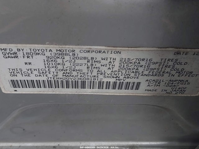 44965309 :رقم المزاد ، JTEHH20V236081812 vin ، 2003 Toyota Rav4 مزاد بيع