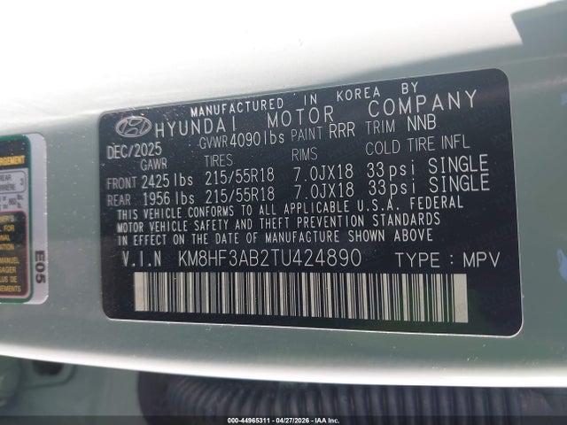 44965311 :رقم المزاد ، KM8HF3AB2TU424890 vin ، 2026 Hyundai Kona Sel Sport مزاد بيع