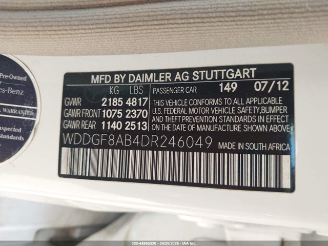 44965320 :رقم المزاد ، WDDGF8AB4DR246049 vin ، 2013 Mercedes-benz C 300 Sport 4matic مزاد بيع
