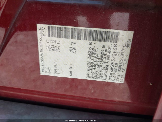 2012 Nissan Altima 2.5 S მანქანა იყიდება აუქციონზე, vin: 1N4AL2AP0CN522658, აუქციონის ნომერი: 44965321