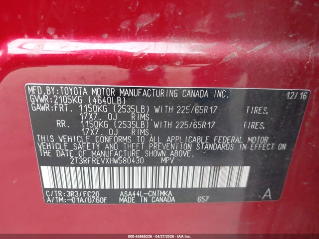 2017 Toyota Rav4 Xle მანქანა იყიდება აუქციონზე, vin: 2T3RFREVXHW580430, აუქციონის ნომერი: 44965326